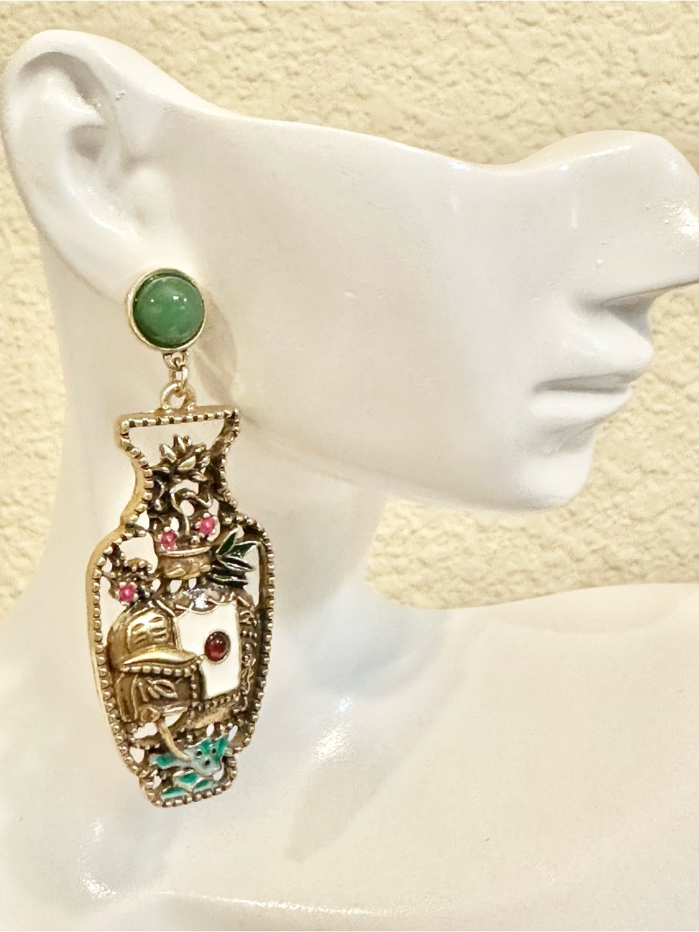 Gold-Plated Vintage Inspired Vase Drop Earrings w/ Green Stone (High Quality)